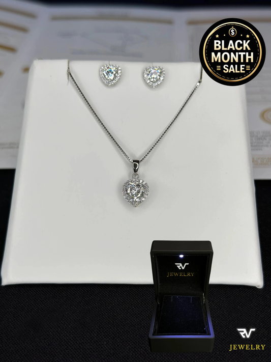 Set de Cadena y Pantallas de Corazón Con Piedras VVS1 Moissanite Plateado
