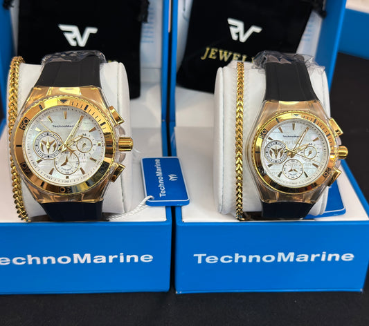 Set de Pareja TechnoMarine Cruise California Gold With Black Strap 46mm & 40mm