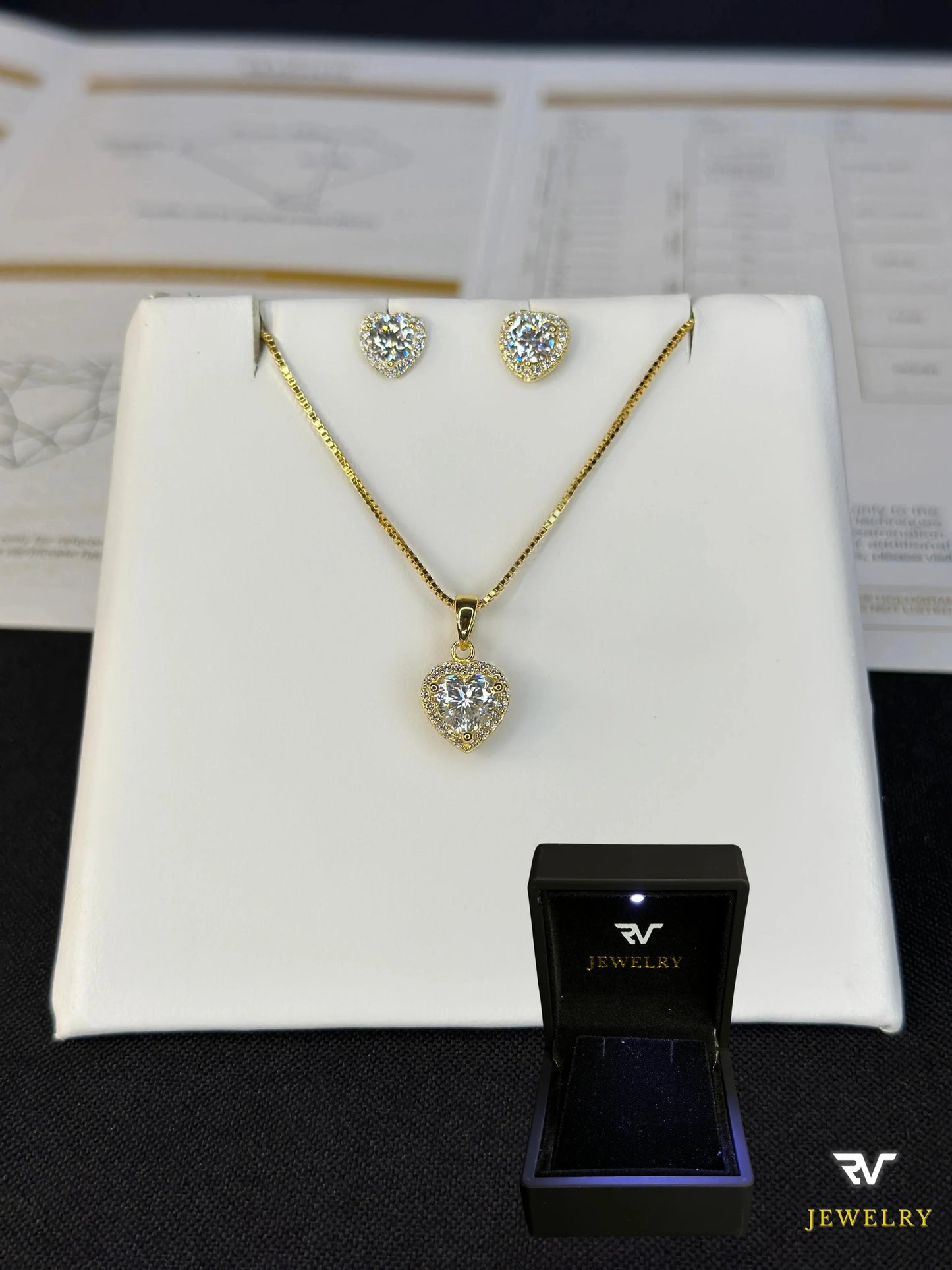 Gold VVS1 Moissanite Heart Pendant and Chain Set