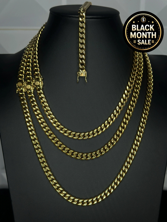 8mm Gold Cuban Chain and Bracelet Set