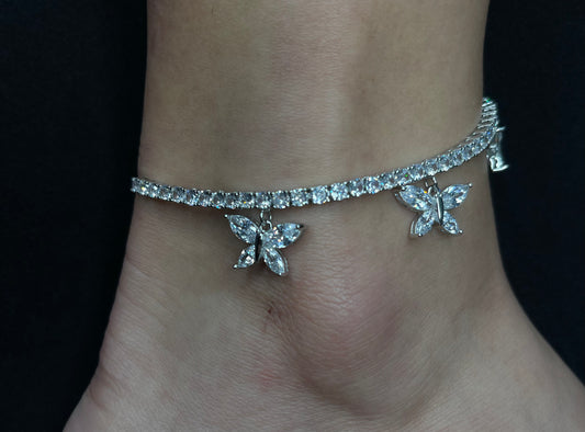 Tennis Anklet Con Mariposas Plata