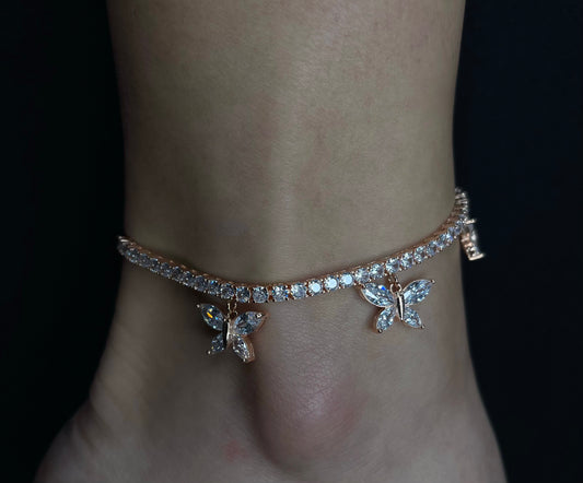 Tennis Anklet Con Mariposas Rose Gold