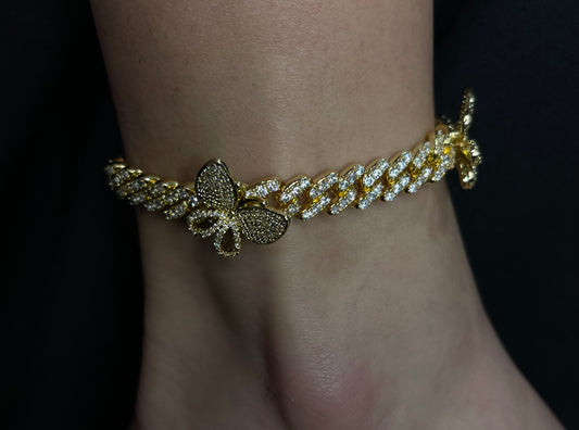 Cuban Anklet Con Mariposas Dorada 10mm